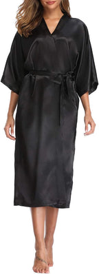 Women's Silk Robes Soft Long Satin Kimono Bathrobe Bride Bridesmaid Wedding Party Robes Sexy Sleepwear with Pockets
