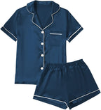 LYANER Women's Silky Satin Pajamas Set Short Sleeve Button Down Shirt With Shorts Pjs Set Sleepwear
