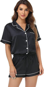 Serenedelicacy Women's Satin Pajama Set 2-Piece Sleepwear Loungewear Button Down Short Sleeve Silky PJ Set