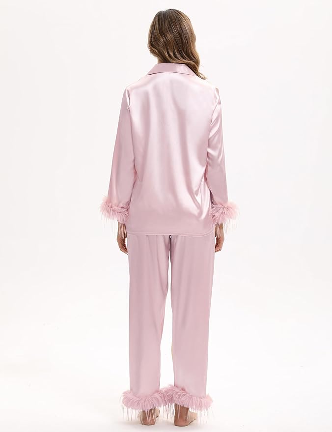 MORFORU Satin Pajama Set for Women Feather Trim Long Sleeve Pjs with Sleep Mask Headband Scrunchie Sleepwear Lounge Set