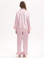MORFORU Satin Pajama Set for Women Feather Trim Long Sleeve Pjs with Sleep Mask Headband Scrunchie Sleepwear Lounge Set