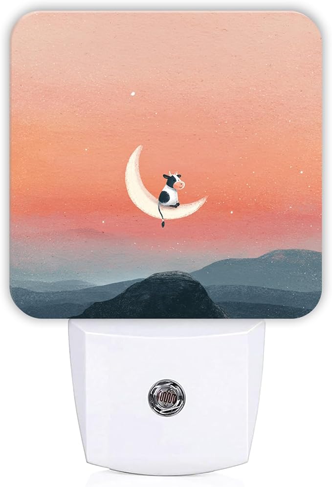 Cow Night Lights Plug Into Wall, Fanciful Playful Moon Mountain None Peach Plug in Night Light with Dusk to Dawn Sensor for Guest Room Basement Office Decor 1pcs