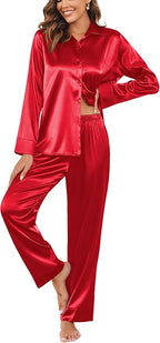 Ekouaer Women Satin Silk Pajamas Classic Long Sleeve Button Down Pjs Set Soft Loungewear