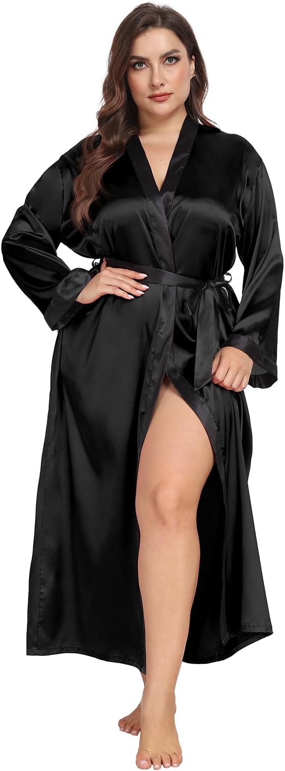Womens Plus Size Silky Satin Kimono Robe Floral Long Bathrobe Wedding Sleepwear Dressing Gown