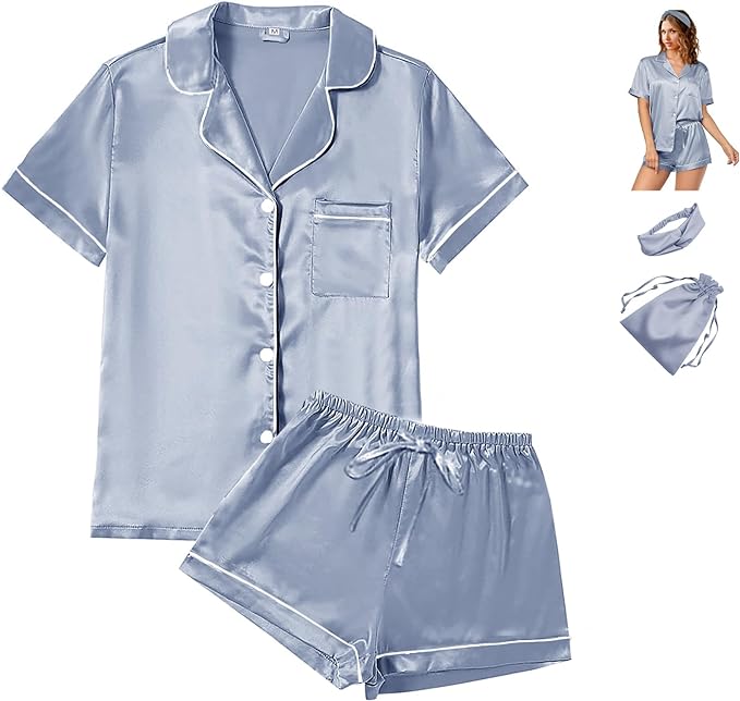 WJing Yi Jia 4Pcs Womens Satin Silky Pajama Sets Short Sleeve Shirt XS-4XL Floral Pajamas Set Soft PJ Loungewear Sleepwear