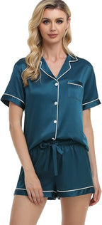 Serenedelicacy Women's Satin Pajama Set 2-Piece Sleepwear Loungewear Button Down Short Sleeve Silky PJ Set