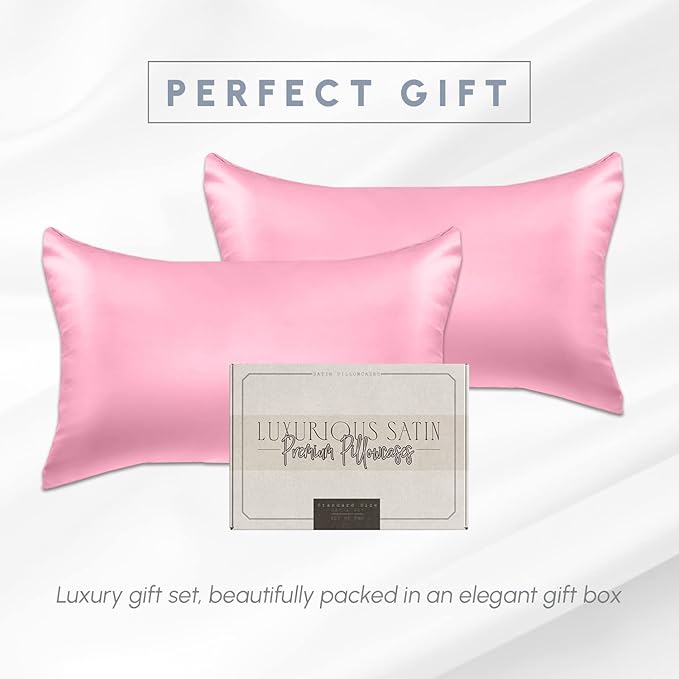 Elegant Comfort 2-Pack Cooling Viscose Satin Pillowcase Set with Hidden Zipper Closure, Silky Smooth for Best Hair and Skin Care-Beautiful Gift Box-2-Piece Satin Pillowcase Set, King, Light Pink