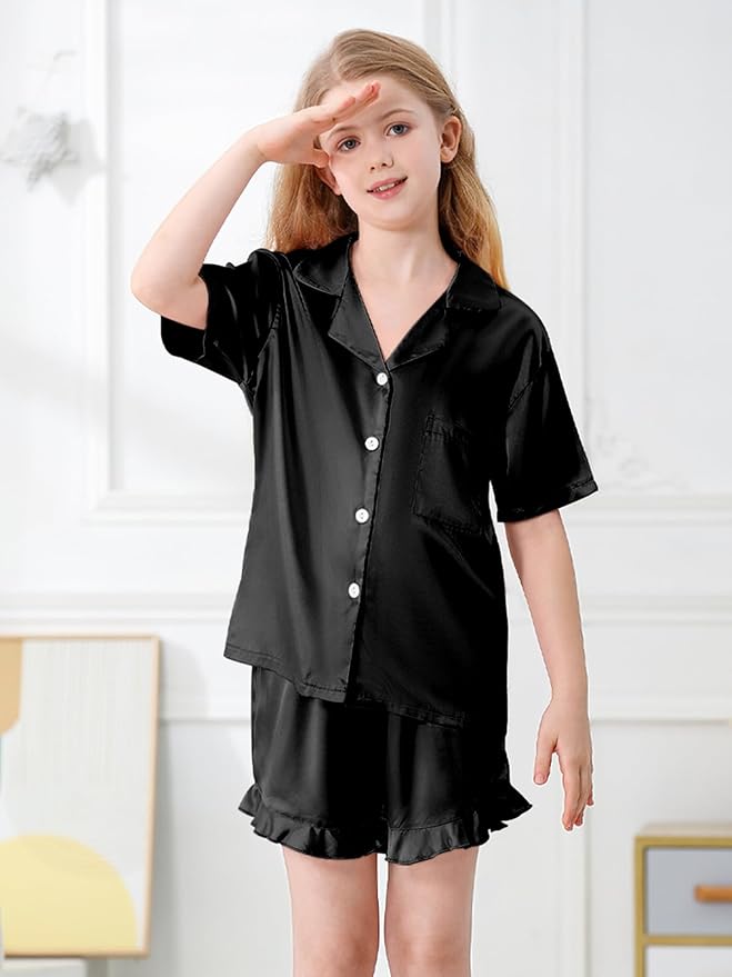 Umeyda Girls & Women Satin Pajamas Set Button Down 2 Piece Silk Pjs Shorts Set Ruffle Sleepwear, 5 Years-Women L