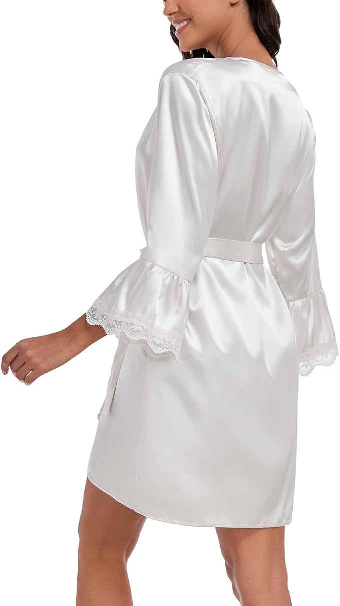 Lace Trim Satin Robes for Women Bride Bridesmaid Silky Kimono Robe Valentines Lingerie with Bell Sleeves