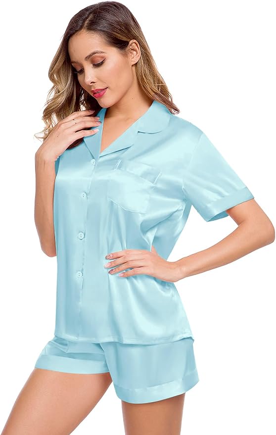 LecGee Womens Silk Satin Pajamas Short Sleeve Loungewear Two-Piece Sleepwear Button-Down Pj Set