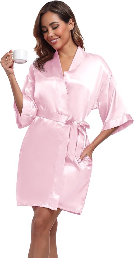 Women's Short Satin Robes Silky Bathrobe Bridesmaid Sleepwear for Wedding Party Getting Ready Solid Color