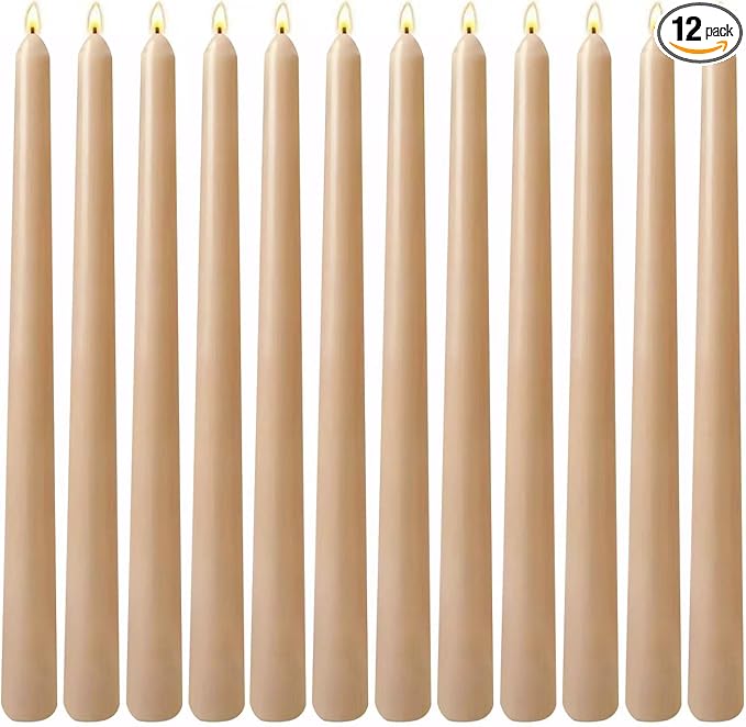 12-Pack Light-Mocha Taper Candles, 10 Inch Unscented Dripless Candlesticks, Long-Lasting Burn Time of 7-8 Hours, Perfect for Home Décor, Weddings, and Events