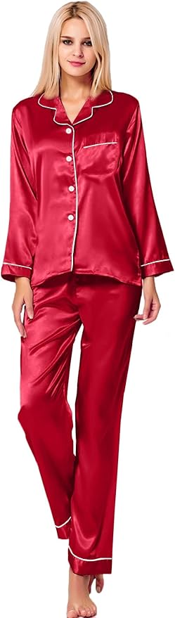 SWOMOG Womens Silk Satin Pajamas Set Long Sleeve Button Down Sleepwear 2 Piece Lounge Set Pj Set XS-3XL