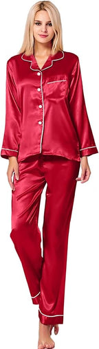 SWOMOG Womens Silk Satin Pajamas Set Long Sleeve Button Down Sleepwear 2 Piece Lounge Set Pj Set XS-3XL