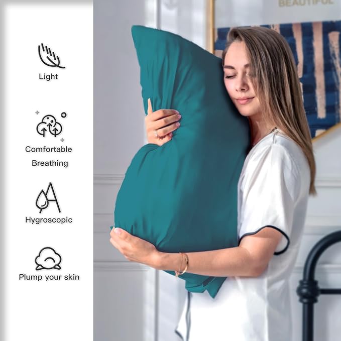 Silk Pillow Cases 2 Pack,Soft Breathable and Sliky Standard Size Pillow Cases Set of 2,Natural Mulberry Silk Pillowcase Set of 2 for Hair and Skin with Hidden Zipper (Teal,20"X 26",2pcs)