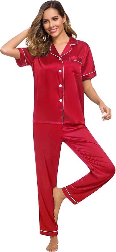 SWOMOG Women Satin Pajamas Set Short Sleeve Top & Pants Sleepwear Silky Button Down Nightwear 2pcs Loungewear Pjs Set