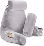 Clara Clark Reading Pillow with Shredded Memory Foam Includes 2 Neck and Lumber Support Pillows, Designed for Sitting Up in Bed and Couch, Back and Arms Adjustable Support for Adults, Grey Lavender