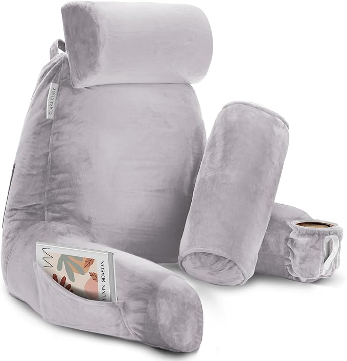 Clara Clark Reading Pillow with Shredded Memory Foam Includes 2 Neck and Lumber Support Pillows, Designed for Sitting Up in Bed and Couch, Back and Arms Adjustable Support for Adults, Grey Lavender