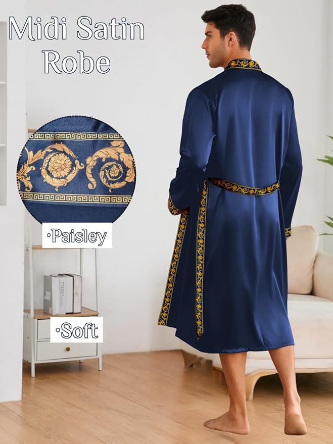 ChiaoLezhee Mens Satin Bath Robe with Shorts Set, Silk Paisley Kimono Lightweight, Soft Long Sleeve Sleepwear