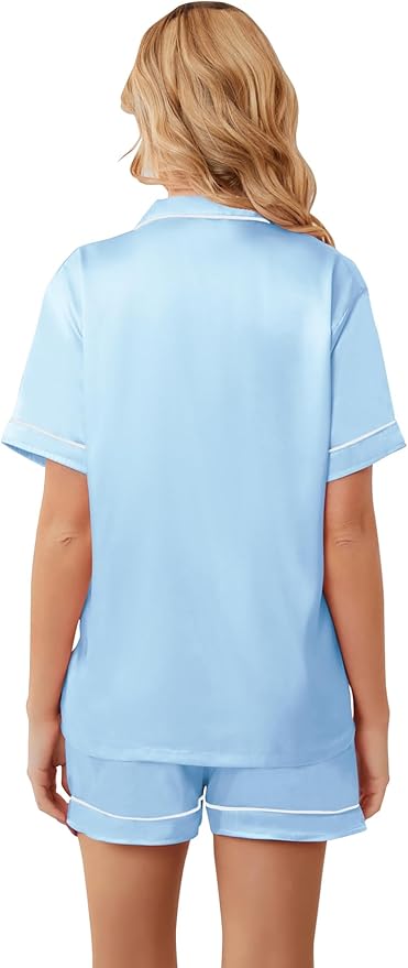 Umeyda Women & Girls Pajamas Set, Soft Satin Lightweight Silk Button-Down Top with Shorts 2 Piece PJS for Mom Boys Kids Gifts