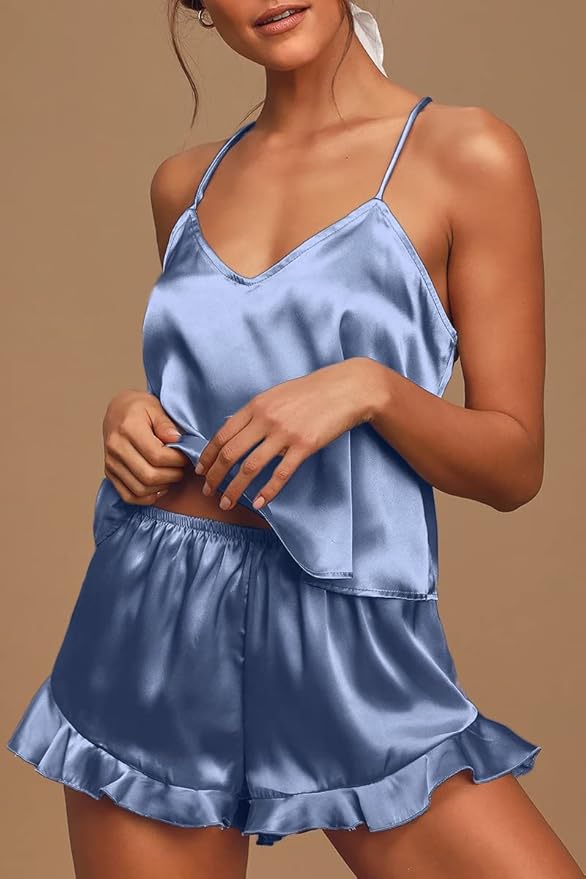 CHYRII Women's Sexy Silk Satin Ruffled Pajamas Sets Cami Shorts Sets Sleepwear