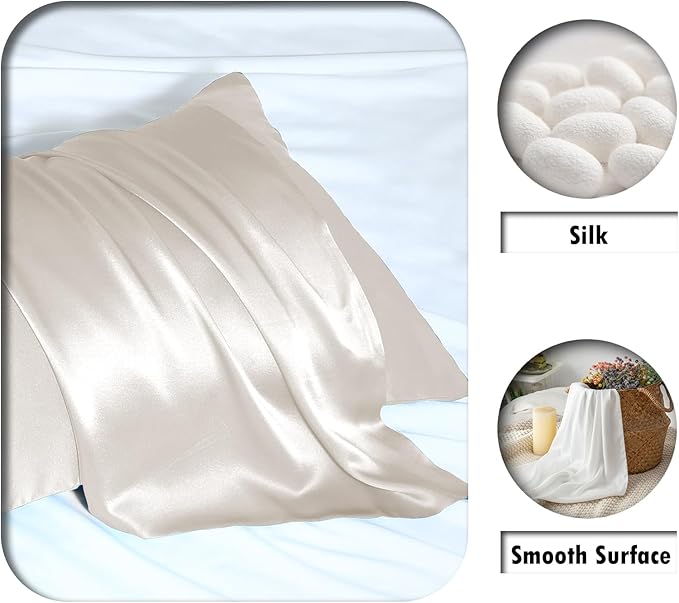 Silk Pillow Cases 2 Pack Soft Breathable and Sliky King Size Pillow Cases Set of 2,Natural Mulberry Silk Pillowcase Set of 2 for Hair and Skin with Hidden Zipper (Beige,20"X 36",2pcs)