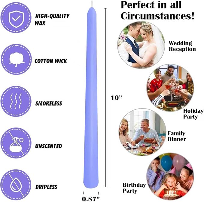 12-Pack Soft Lavender Purple Taper Candles, 10 Inch Unscented Dripless Candlesticks, Long-Lasting Burn Time of 6-7 Hours, Perfect for Home Décor, Weddings, and Events