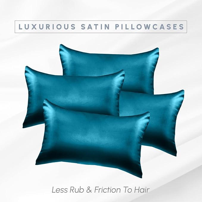 Elegant Comfort 4-Pack Cooling Viscose Satin Pillowcase Set with Hidden Zipper Closure, Silky Smooth for Hair and Skin Care-Beautiful Gift Box-4-Piece Satin Pillowcase Set, Standard/Queen, Turquoise