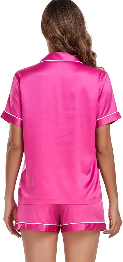 Serenedelicacy Women's Satin Pajama Set 2-Piece Sleepwear Loungewear Button Down Short Sleeve Silky PJ Set