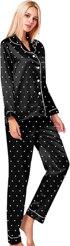 SWOMOG Womens Silk Satin Pajamas Set Long Sleeve Button Down Sleepwear 2 Piece Lounge Set Pj Set XS-3XL