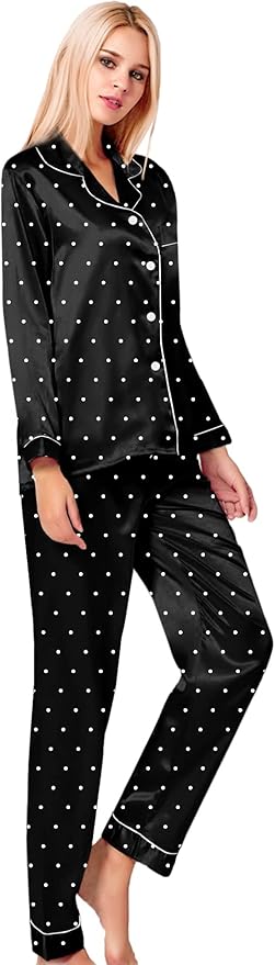 SWOMOG Womens Silk Satin Pajamas Set Long Sleeve Button Down Sleepwear 2 Piece Lounge Set Pj Set XS-3XL