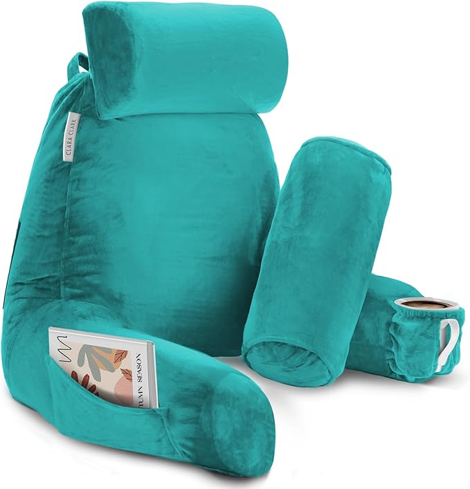 Clara Clark Reading Pillow with Shredded Memory Foam Includes 2 Neck and Lumber Support Pillows, Designed for Sitting Up in Bed and Couch, Back and Arms Adjustable Support for Adults & Teens, Teal