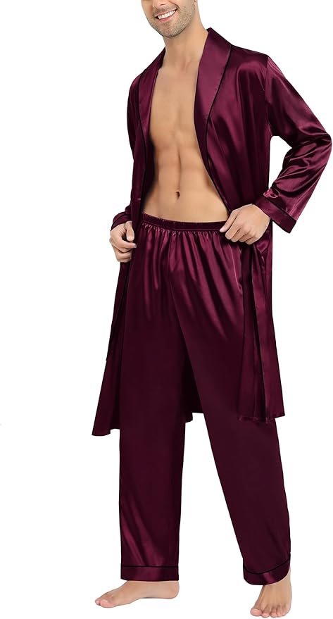 SWOMOG Men's Satin Robe Silky Kimono Bathrobe with Shorts Set Lightweight Soft Loungewear Nightwear