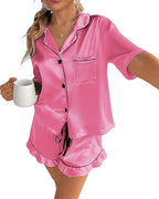 CHYRII Women's Silk Satin Pajamas Two Piece Pj Sets Short Sleeve Tops Ruffled Shorts Sleepwear with Magnetic Diffuser