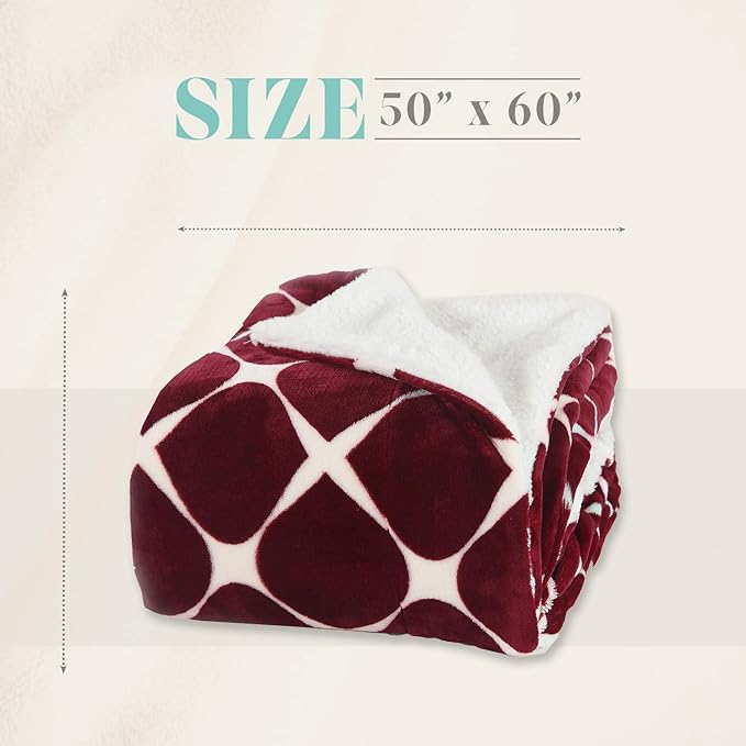 Elegant Comfort Throw Blanket, Reversible Sherpa Flannel, Ultra-Soft, Fuzzy, Cozy and Plush- All Season Lightweight Decorative Throw, 50 x 60 inches, Ogee Pattern Sherpa Throw, Burgundy