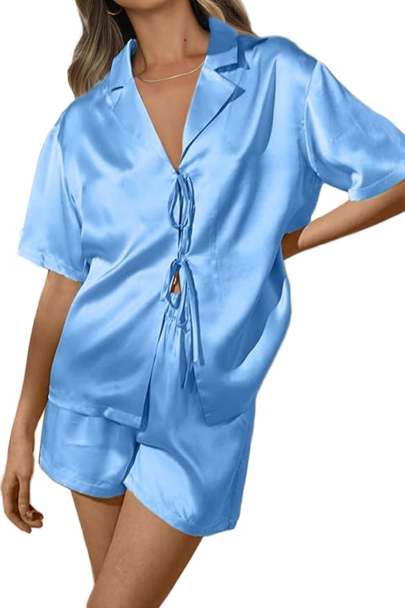 CHYRII Women's Silk Satin Pajamas Sets Tie Front Short Sleeve Tops and Shorts Two Piece Pj Sets Sleepwear
