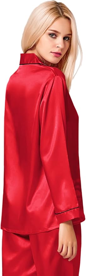 SWOMOG Womens Silk Satin Pajamas Set Long Sleeve Button Down Sleepwear 2 Piece Lounge Set Pj Set XS-3XL