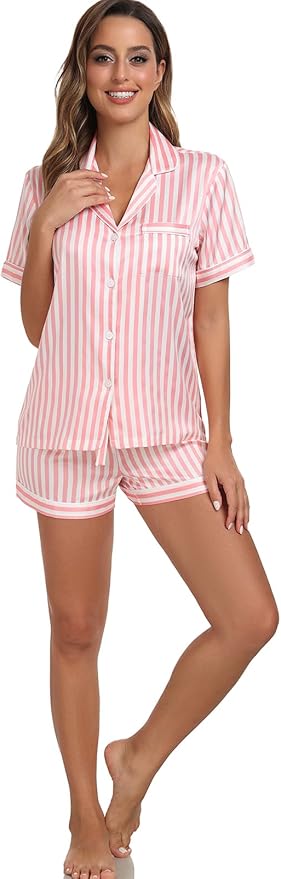Serenedelicacy Women's Satin Pajama Set 2-Piece Sleepwear Loungewear Button Down Short Sleeve Silky PJ Set