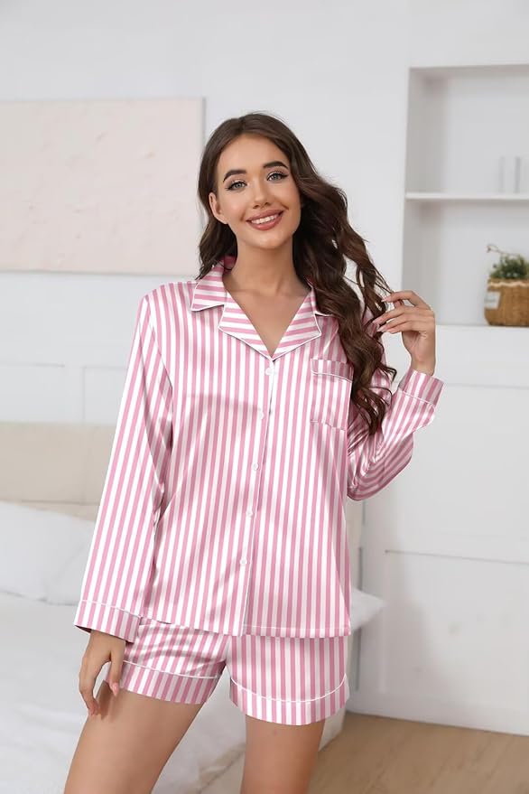 Ekouaer Satin Pajama Set for Women Button Down Pj Set Long Sleeve Top and Shorts 2 Piece Loungewear Summer Soft Sleepwear