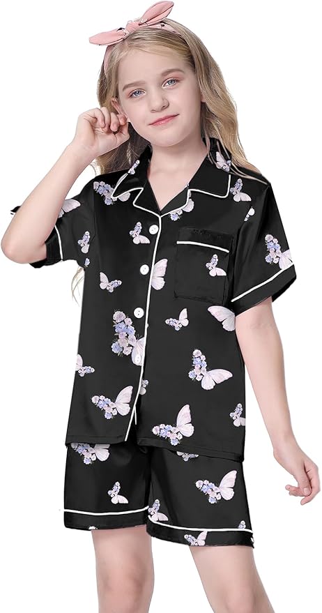 Girls & Womens Satin Pajamas Set, Silk Button-Down Sleepwear 2 Piece Nightwear, 3 Years - Women XXL