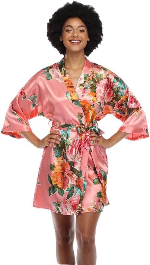 MissNina Women's Floral Satin Kimono Robes Short Silky Bridesmaid Robes Sleepwear