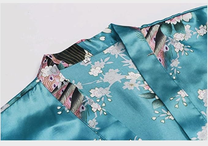 Women's Short Kimono Robes Bride and Bridesmaid Satin Floral Bathrobe Peacock Sleepwear Dressing Gown for Wedding Party