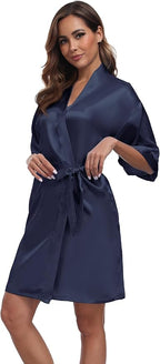 Women's Short Satin Robes Silky Bathrobe Bridesmaid Sleepwear for Wedding Party Getting Ready Solid Color