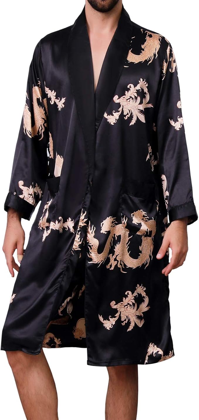 Mens Satin Robe,Silk Long Sleeve House Kimono Bathrobe,Soft Loungewear Dragon Robe