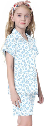 Umeyda Women & Girls Pajamas Set, Soft Satin Lightweight Silk Button-Down Top with Shorts 2 Piece PJS for Mom Boys Kids Gifts