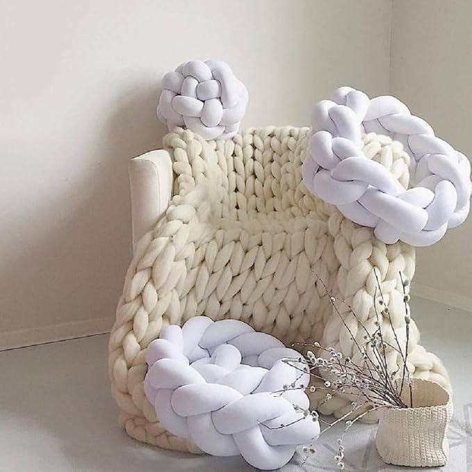Chunky Knit Blanket Hand Made Merino Wool Throw Boho Bedroom Sofa Home Decor Giant Yarn(Ivory White 40"x60")