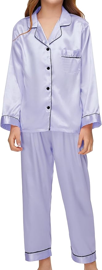 EPLAZA Kids Satin Pajamas Sets Girls Boys Button-Down Silky Pajamas Sleepwear with Hairband Eye Mask Hair Tie