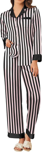 Ekouaer Silk Pajamas for Women Long Sleeve Satin Pajama Set Silky Pj Sets 2 Piece Button Down Loungewear Sleepwear