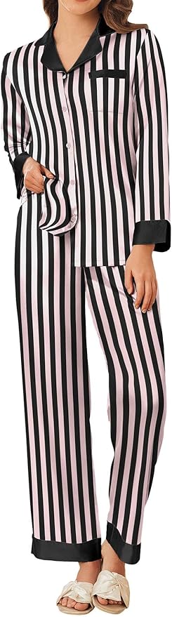 Ekouaer Silk Pajamas for Women Long Sleeve Satin Pajama Set Silky Pj Sets 2 Piece Button Down Loungewear Sleepwear