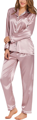 SWOMOG Womens Silk Satin Pajamas Set Long Sleeve Button Down Sleepwear 2 Piece Lounge Set Pj Set XS-3XL